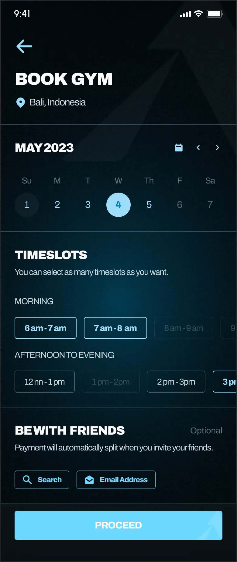 Booking screen