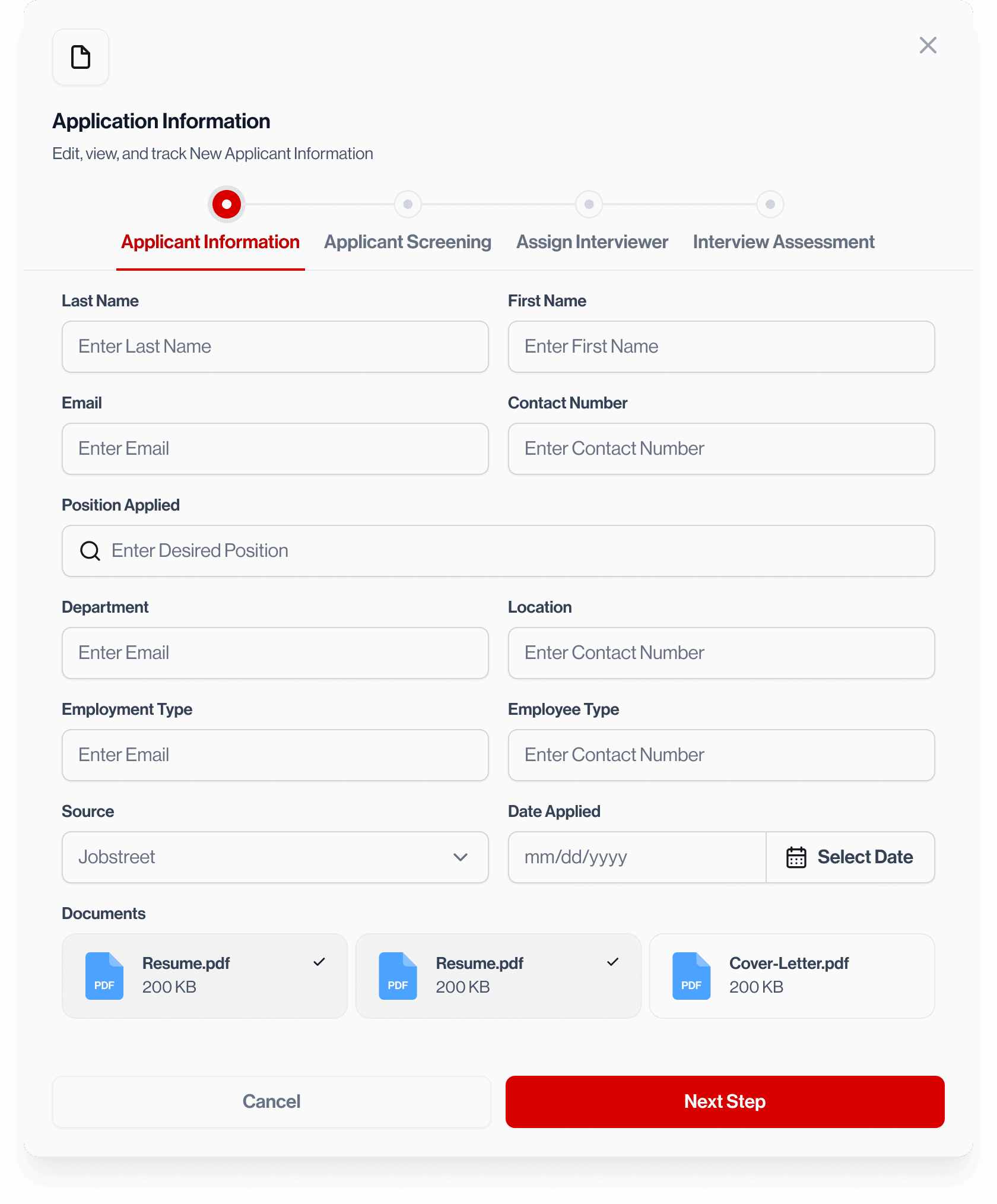 Wizard step 1: applicant information