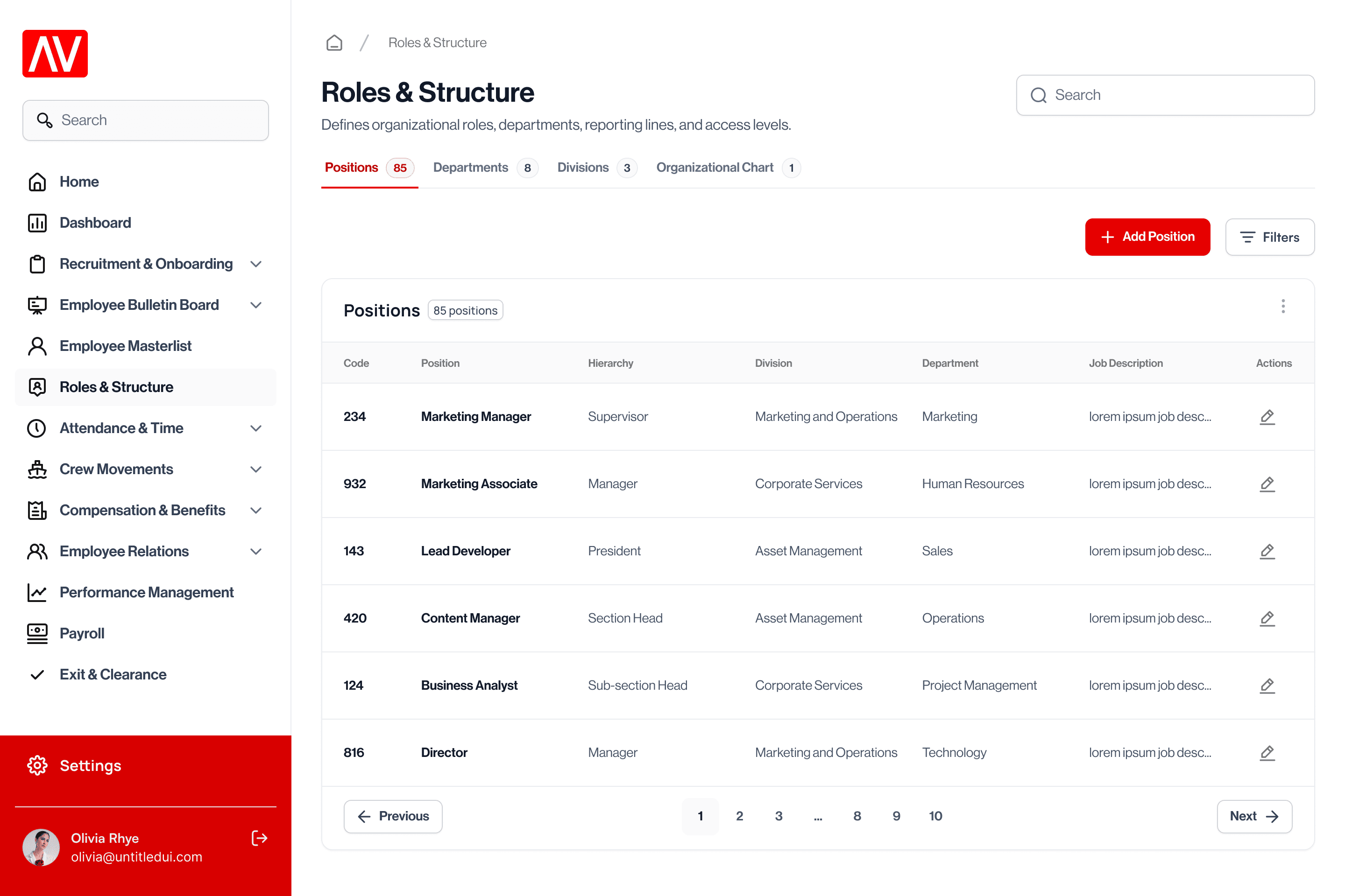 Positions tab