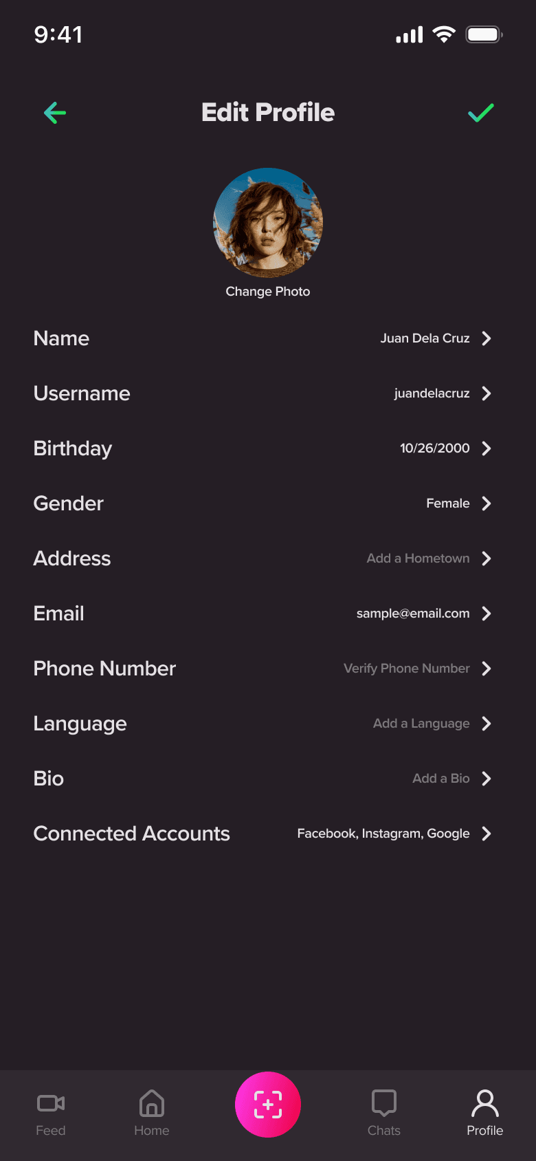 Edit profile screen