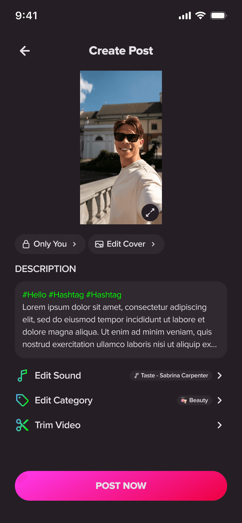 Post settings: hashtags and privacy