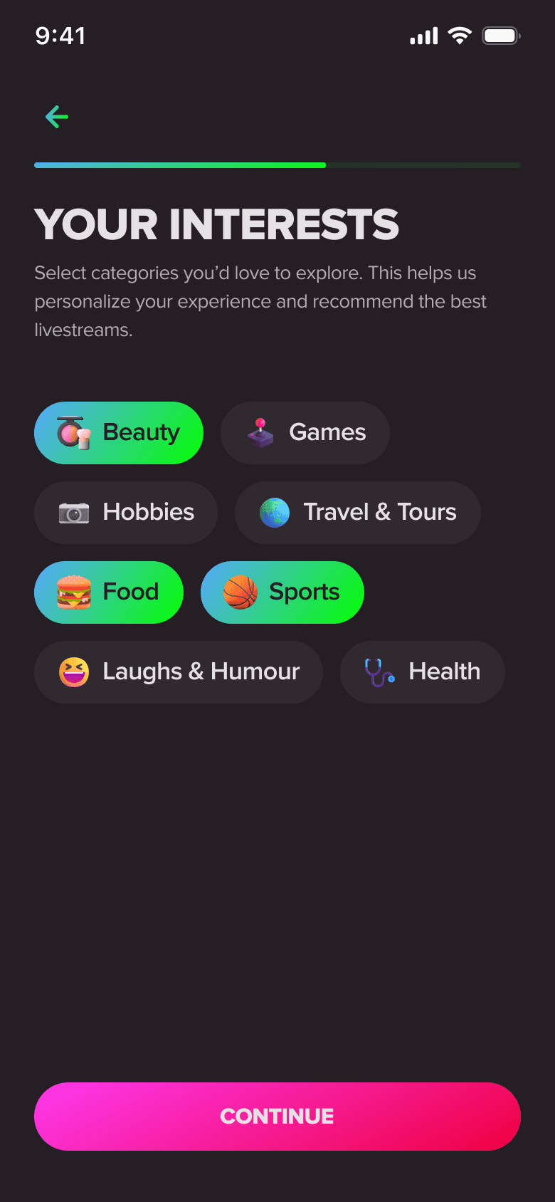 Onboarding step 4: interests