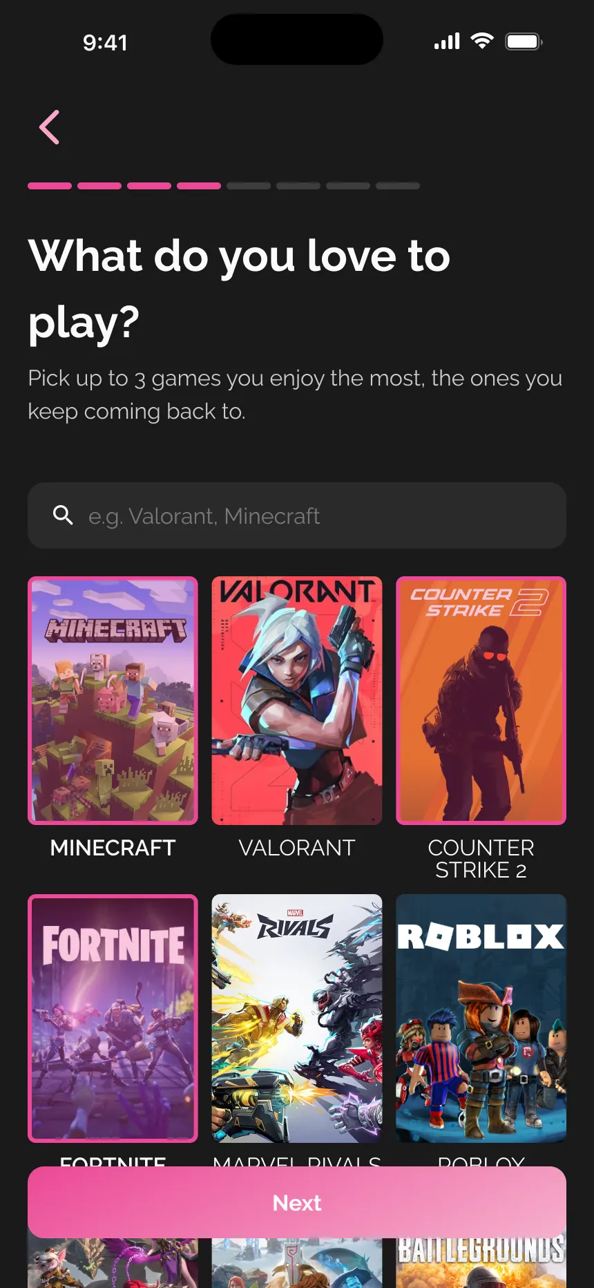 Onboarding, game selection cover art grid