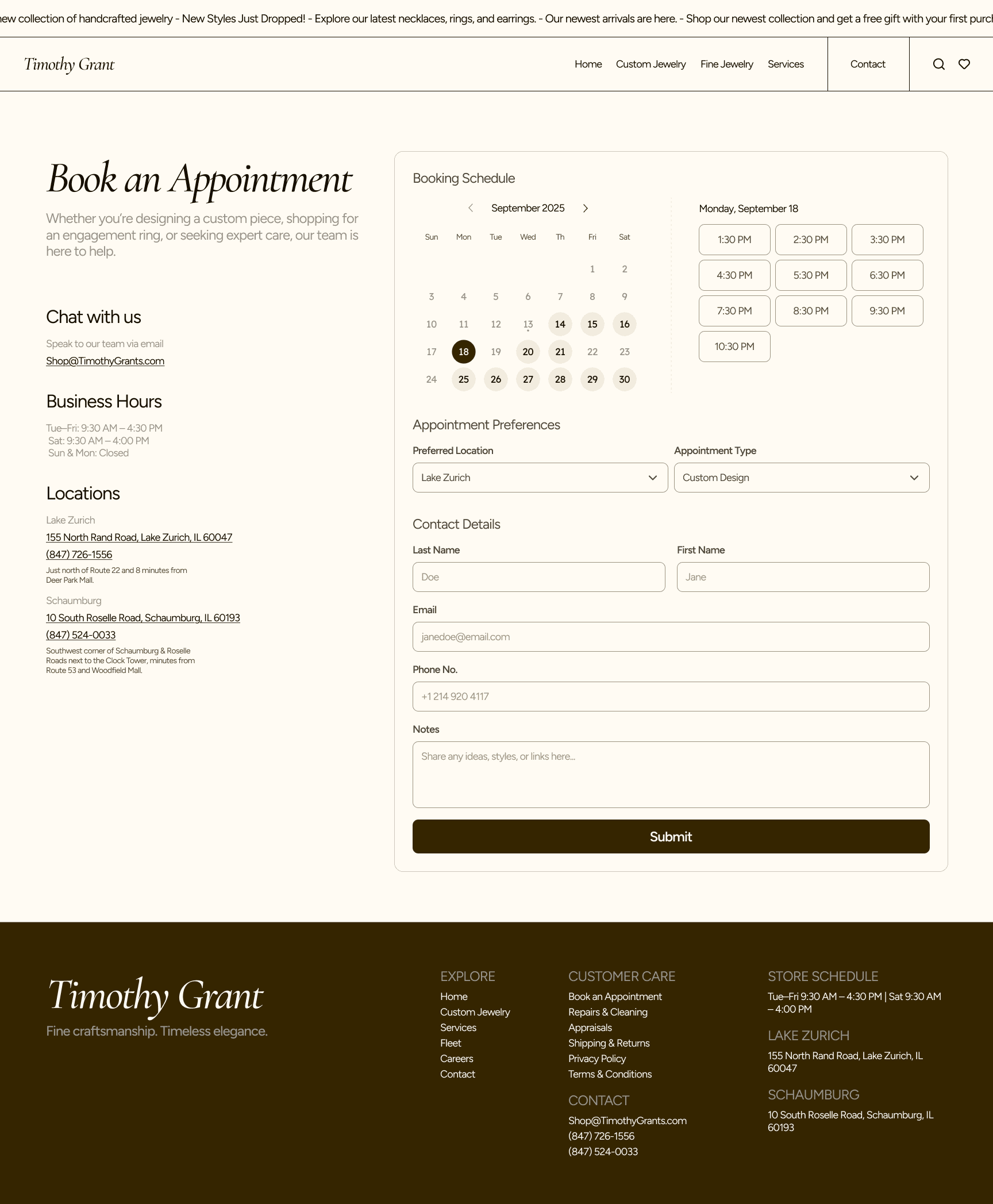 Contact and booking page
